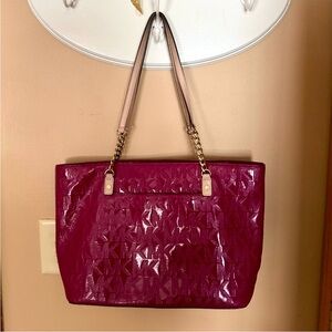 Michael Kors Patent Leather Monogram Tote Magenta